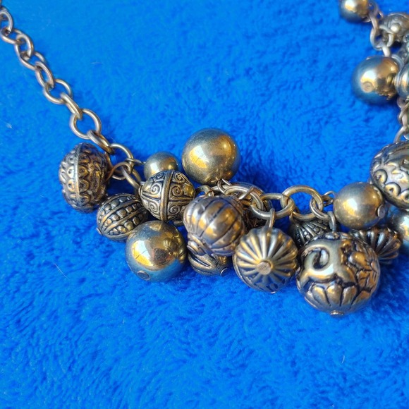 Cluster Carved Bronze Metal Beaded Charm Chunky Statement Necklace - Picture 2 of 6